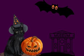 A graphic with illustrations of painted cat and pumpkin, bat and simple museum building all on a purple background.