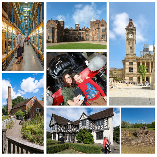 A montage of 7 images of historic buildings and people visiting them.