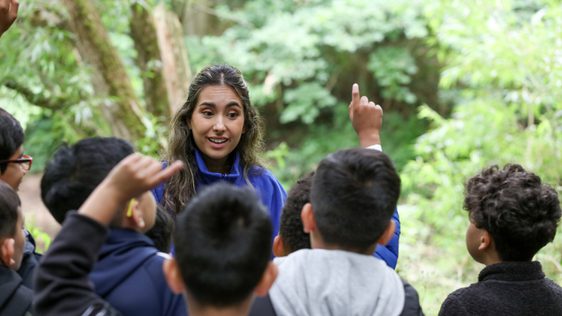 A member of staff talking to a group of children some have their hands raised.