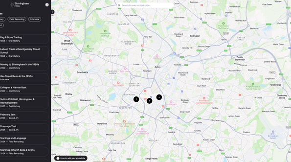 Screenshot of website with map of Birmingham and sounds on the left side.