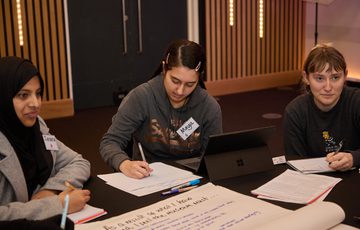 A group of participants sitting around a table having a discussion.