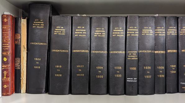 A row of books entitled City of Birmingham Museum and Art Gallery from 1906-1994.