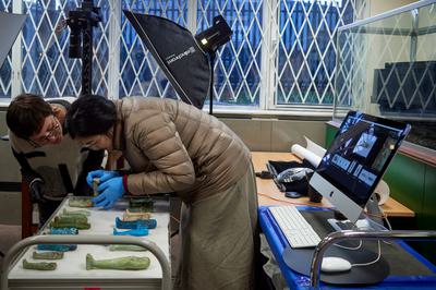 A pair of researchers analysing collections items