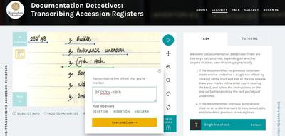 Screenshot of Zooniverse website with a written paper and transcript next to it.