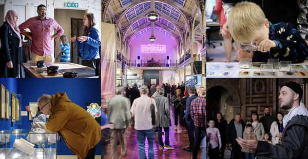 Collage of photographs showing visitors in the museum spaces.