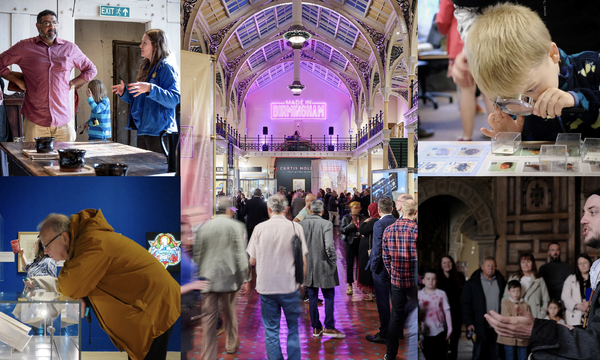 Collage of photographs showing visitors in the museum spaces.