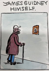 Cartoon of a person with a walking stick looking an artwork on display.