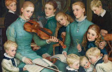 A painting of a group of children attentively listening to a woman playing the violin with sheet music.