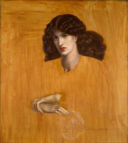 An unfinshed painting except for the face and hands of a woman with long wavy hair