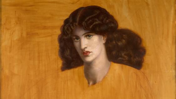 An unfinshed painting except for the face and hands of a woman with long wavy hair