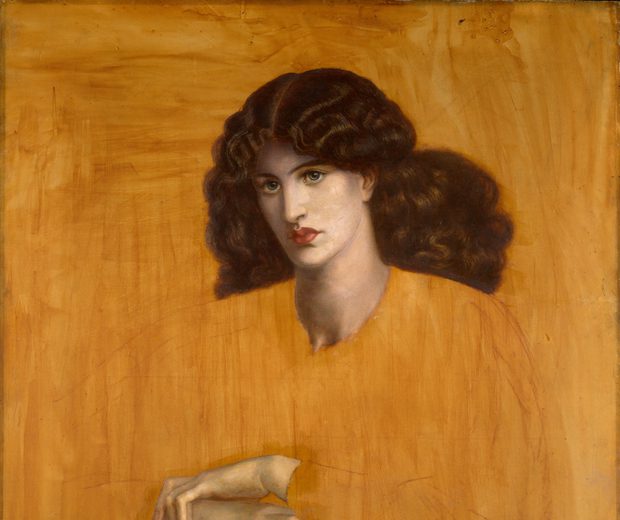 An unfinshed painting except for the face and hands of a woman with long wavy hair