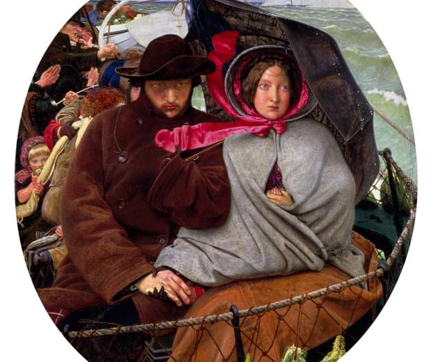 Painting showing a stony-faced man and woman on a ship at sea, leaving the coast behind. The woman holds a small child in a shawl and shelters under an umbrella