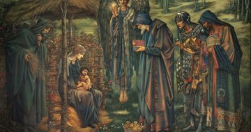 Painting of a Nativity scene, three kings and an angel visit the infant Christ to bring gifts