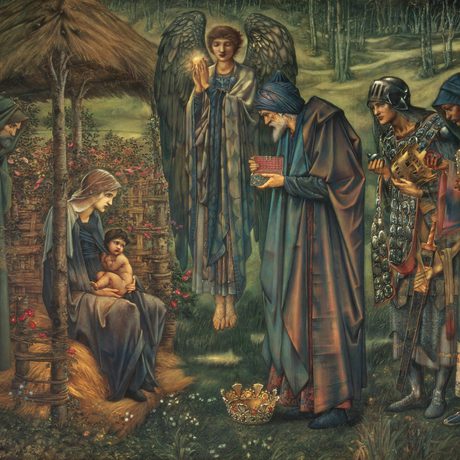 Painting of a Nativity scene, three kings and an angel visit the infant Christ to bring gifts