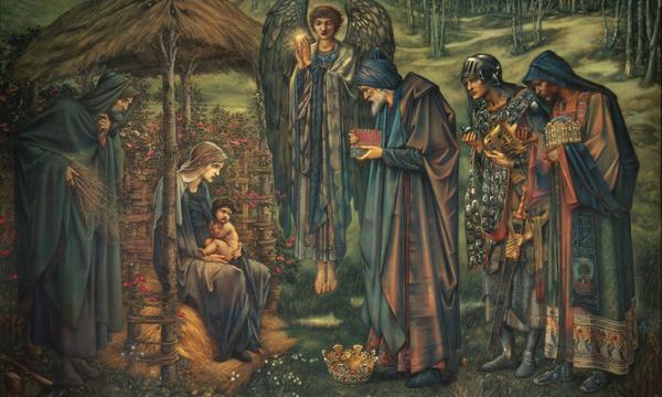 Painting of a Nativity scene, three kings and an angel visit the infant Christ to bring gifts