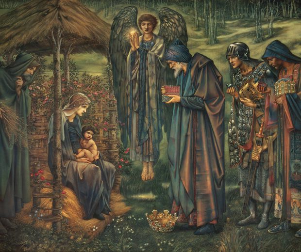 Painting of a Nativity scene, three kings and an angel visit the infant Christ to bring gifts