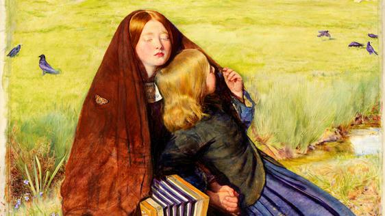 Painting of two young girls sitting in the countryside, the older girl's eyes are closed, she has a concertina on her lap, the younger girl faces away looking at a double rainbow in the sky