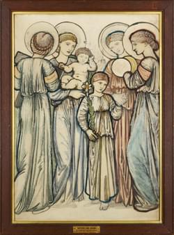 Four women with halos stand next to a young girl holding a flower. One of the women is holding a baby.