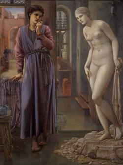 This painting shows a man staring at the sculpture of a naked woman. You can see that he is the artist, he has a tool in his hand and there is debris on the floor.