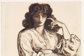 Drawing of contemplative woman with wavy hair, wearing a loose, long-sleeved dress, seated thoughtfully.