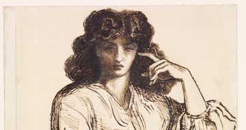 Drawing of contemplative woman with wavy hair, wearing a loose, long-sleeved dress, seated thoughtfully.