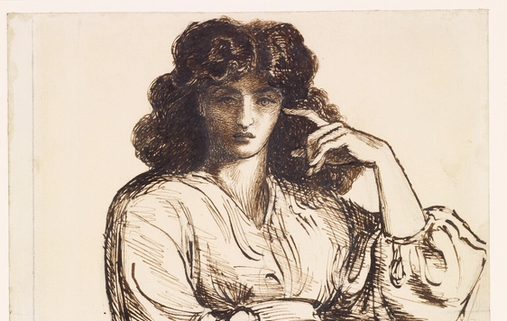 Drawing of contemplative woman with wavy hair, wearing a loose, long-sleeved dress, seated thoughtfully.