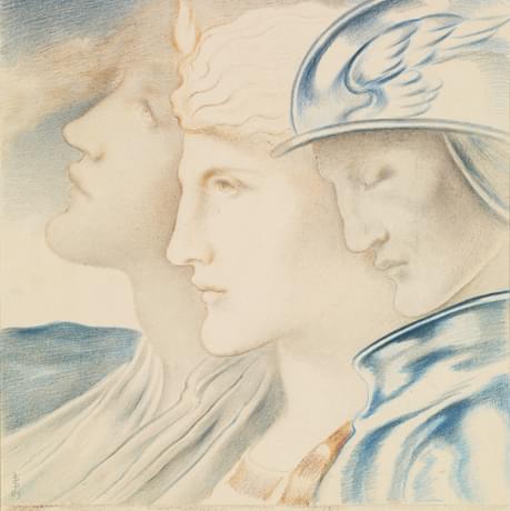Drawing of three heads in profile, all looking to the left. The head on the right is wearing armour and a helmet with wings on.