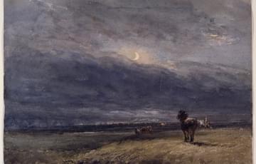 Painting of a night scene with a crescent moon visible in clouds, a horse looks into the distance at a passing steam train