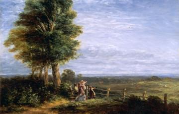 Painting - five children lean against a gate next to a tall tree looking into a field where a tiny bird can be seen rising vertically into a blue sky with wispy clouds
