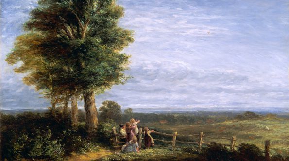 Painting - five children lean against a gate next to a tall tree looking into a field where a tiny bird can be seen rising vertically into a blue sky with wispy clouds