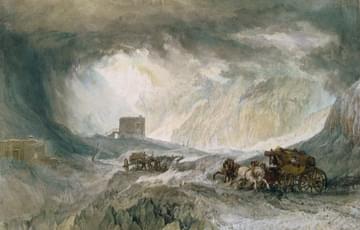 Painting - a carriage and horses attempt to turn around on an icy mountain pass. A refuge can be seen in the distance but dark stormy snow clouds are above
