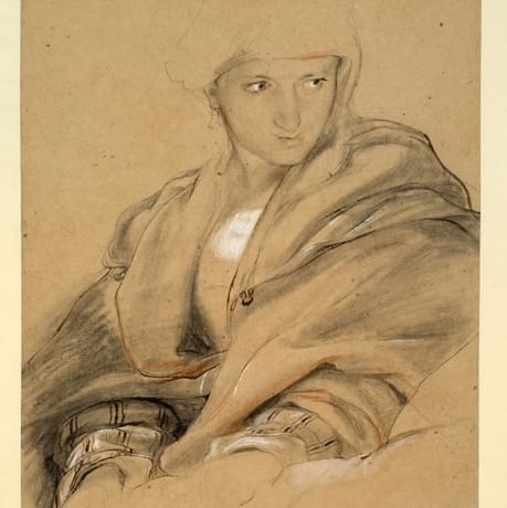 Partially drawn portrait in chalk, on paper, of a woman looking to the right