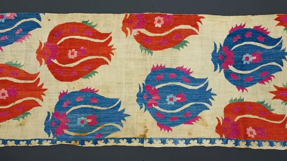 Rectangular cloth panel embroidered with a tulip-flower pattern