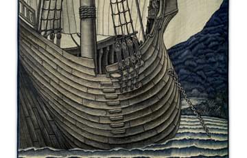 Tapestry of a large wooden ship with sails anchored by a beach