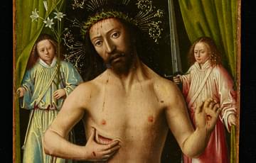 Religious painting of Jesus Christ looking down at an open wound in his chest. Two people in the background hold open green curtains and carry lillies and a sword