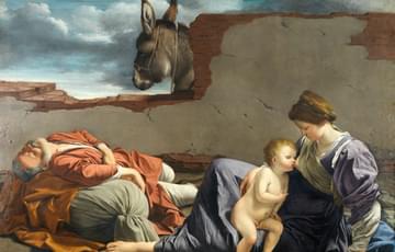Religious painting of Mary, Joseph, and the infant Jesus resting, the mother feeds the baby, the father sleeps. A donkey looks over a partially fallen wall in the centre.