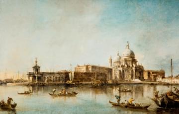 Landscape painting of ornate buildings in Venice, with a wide canal and several boats in the foreground