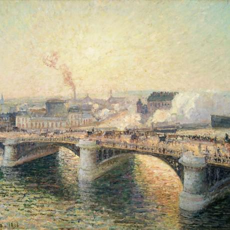 Impressionist landscape painting of a wide bridge crossing a river in Rouen, France