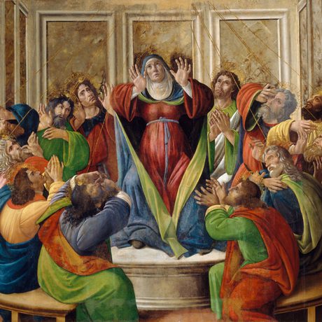 Religious painting depicting apostles looking upwards as the holy spirit descends