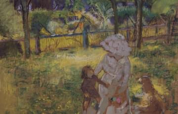 Painting in a loose, impressionist style of a woman, child and dog in a garden surrounded by trees