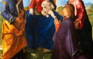 Religious painting of three saints worshipping the Madonna and child who are seated on a throne