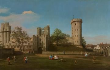 A landscape painting of a castle, with people in 18th century dress dotted about in the foreground