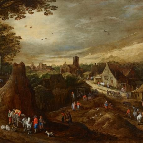 Painting of a rural village scene where people are busy harvesting apples
