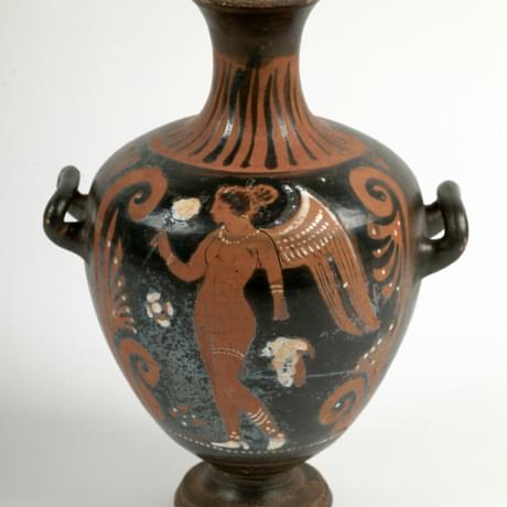 Pottery vase with handles, wide on a small base with a narrow neck and decorated with figures and patterns