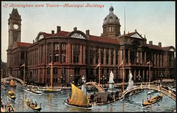 Postcard showing a photographic montage of an image of a canal with boats superimposed over a photo of a civic buliding with columns and a clock tower