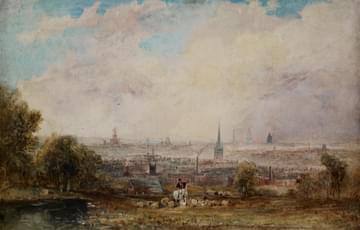 Painting - a panoramic landscape of a smoky industrial town, a person on horseback and a flock of sheep can be seen in the foreground