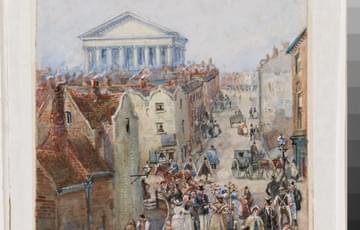 Painting of 19th century street scene busy with people