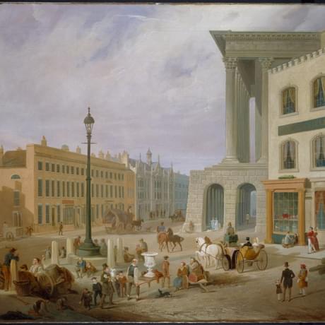 Painting of a 19th century town square scene, with lots of people milling about