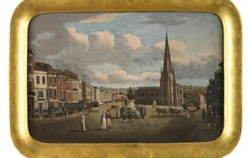 Tea tray with painted image of 19th century street with church