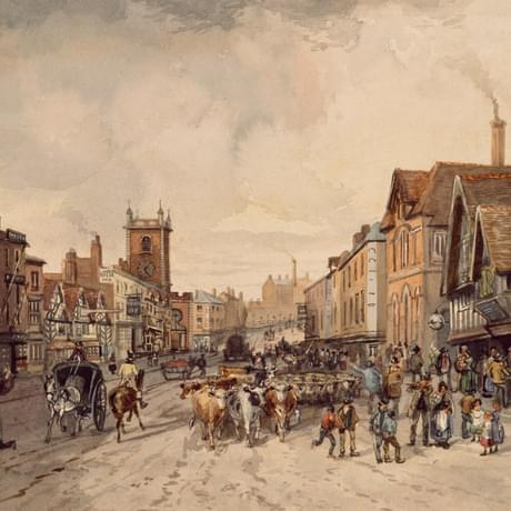 Painting of a wide street in a town, there are farm animals and people filling the street